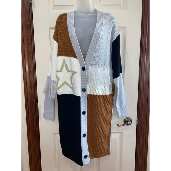 New Colorblock Long Cardigan With Fringe & Star Detail Button Closure Sunshine & - Picture 4 of 12